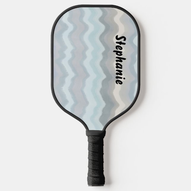 Palas De Pickleball Monograma nombre rayas pastel olas azul gris cian (Anverso)