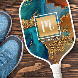 Palas De Pickleball Monograma Oro Turquesa Naranja Ágata Acuarela