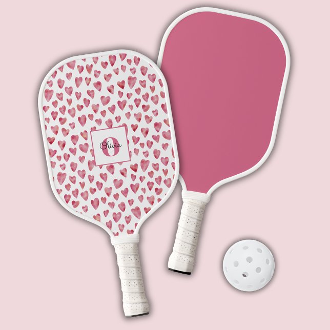Palas De Pickleball Monograma Paddle de bolas de palo rosa personaliza (Pink watercolor love heart personalized pickleball paddle)