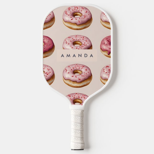 Palas De Pickleball Monograma Patrón de donut rosado personalizado (Anverso)