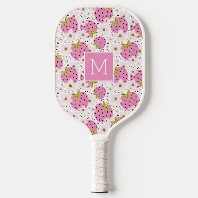 Palas De Pickleball Monograma Personalizado de fresas rosadas (Anverso)