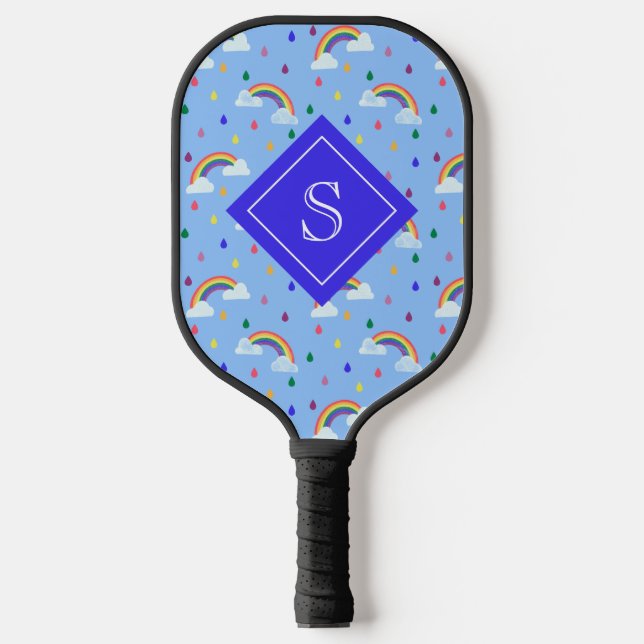 Palas De Pickleball Monograma personalizado del cielo azul arcoiris (Anverso)