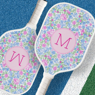 Palas De Pickleball Monograma Personalizado Floral Lindo Rosa y Azul