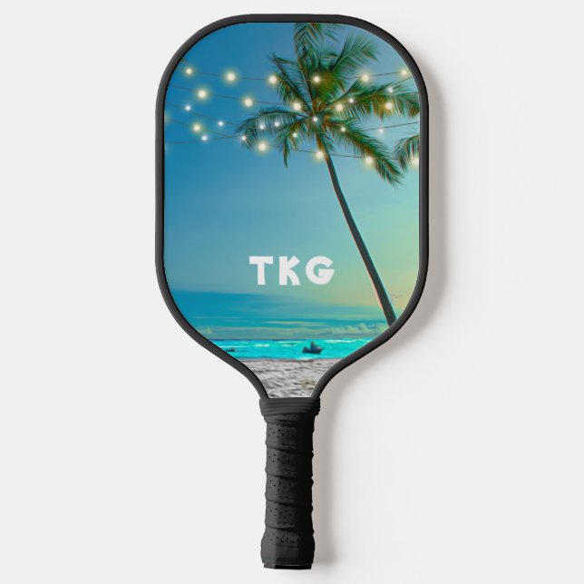 Palas De Pickleball Monograma Playa Tropical Palm Trees Luces de cuerd (Reverso )