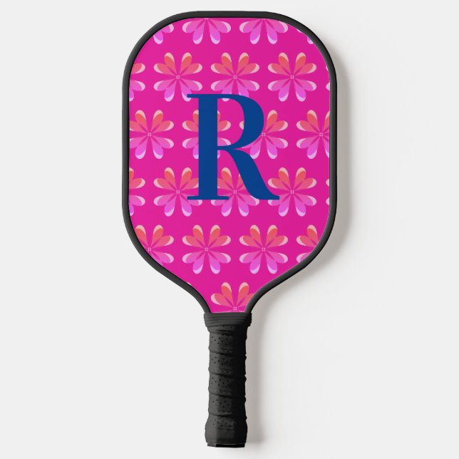 Palas De Pickleball Monograma Retro inicial de rosa caliente (Reverso )