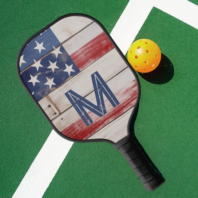 Palas De Pickleball Monograma Rojo Azul Rústico de Bandera Americana (Subido por el creador)