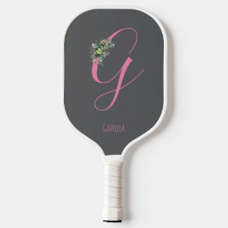 Palas De Pickleball Monograma rosa acuarela flor gris nombre