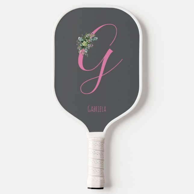 Palas De Pickleball Monograma rosa acuarela flor gris nombre (Reverso )