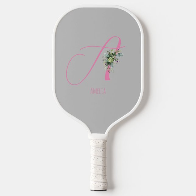 Palas De Pickleball Monograma rosa acuarela gris (Anverso)