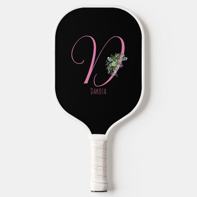 Palas De Pickleball Monograma rosa flor acuarcolar negro (Anverso)