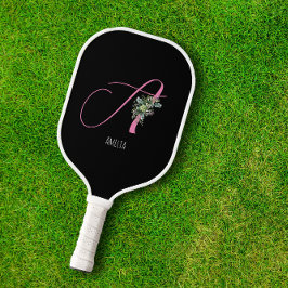Palas De Pickleball Monograma rosa flor acuarcolar negro