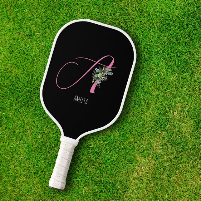 Palas De Pickleball Monograma rosa flor acuarcolar negro (Subido por el creador)