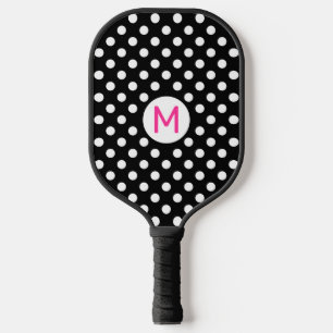 Palas De Pickleball Monograma Rosa Lunares Blancos y Negros Lindos