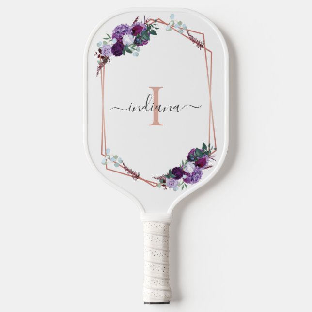 Palas De Pickleball Monograma Rosa morado floral dorado Nombre geométr (Anverso)