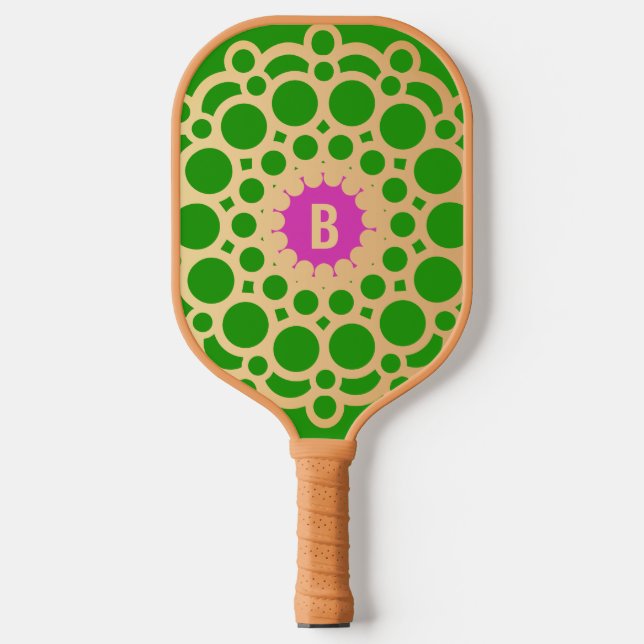 Palas De Pickleball Monograma rosa y verde - Círculos dorados (Anverso)