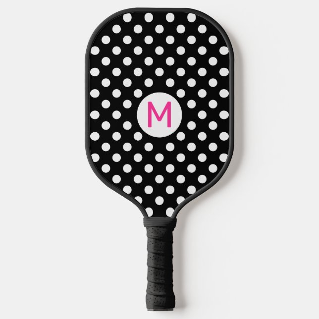 Palas De Pickleball Monograma rosado de puntos de polka blanco negro l (Anverso)