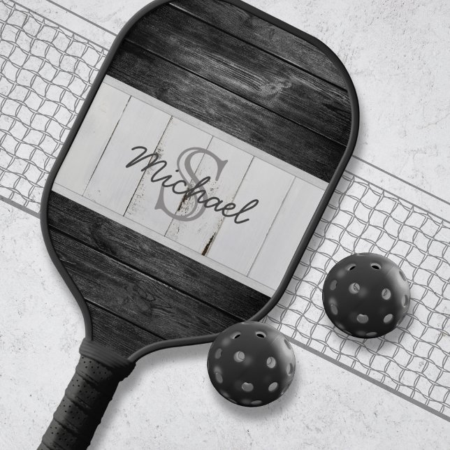 Palas De Pickleball Monograma Rústico de Madera Negro Blanco (Subido por el creador)