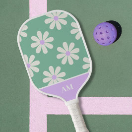 Palas De Pickleball Monograma único retro floral verde y lavanda