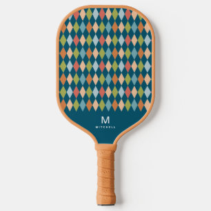Palas De Pickleball Monograma Verde azulado Retro Argyle Diamonds de G