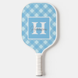 Palas De Pickleball Monograma y nombre personalizados de Blue Gingham