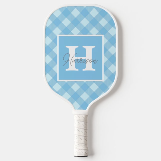Palas De Pickleball Monograma y nombre personalizados de Blue Gingham  (Anverso)