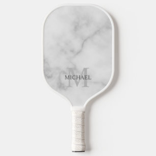 Palas De Pickleball Monograma y nombre personalizados de mármol blanco
