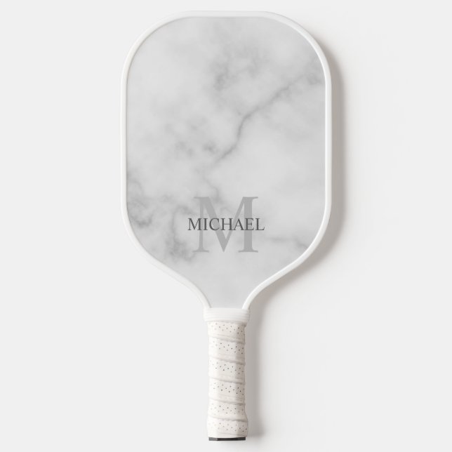 Palas De Pickleball Monograma y nombre personalizados de mármol blanco (Anverso)
