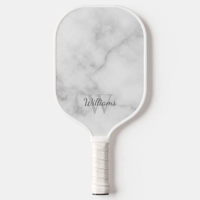 Palas De Pickleball Monograma y nombre personalizados de mármol blanco (Anverso)