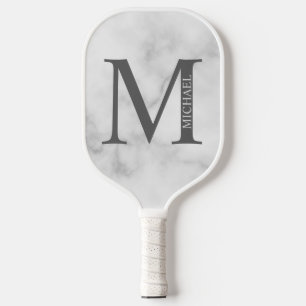 Palas De Pickleball Monograma y nombre personalizados de mármol blanco