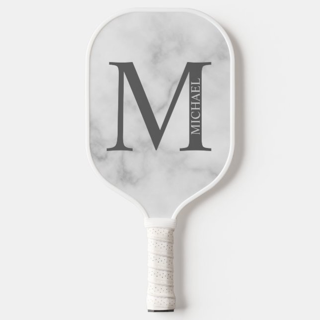 Palas De Pickleball Monograma y nombre personalizados de mármol blanco (Anverso)