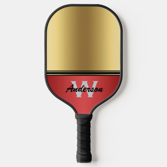 Palas De Pickleball Monograma y nombre personalizados Ruby Red and Gol (Anverso)