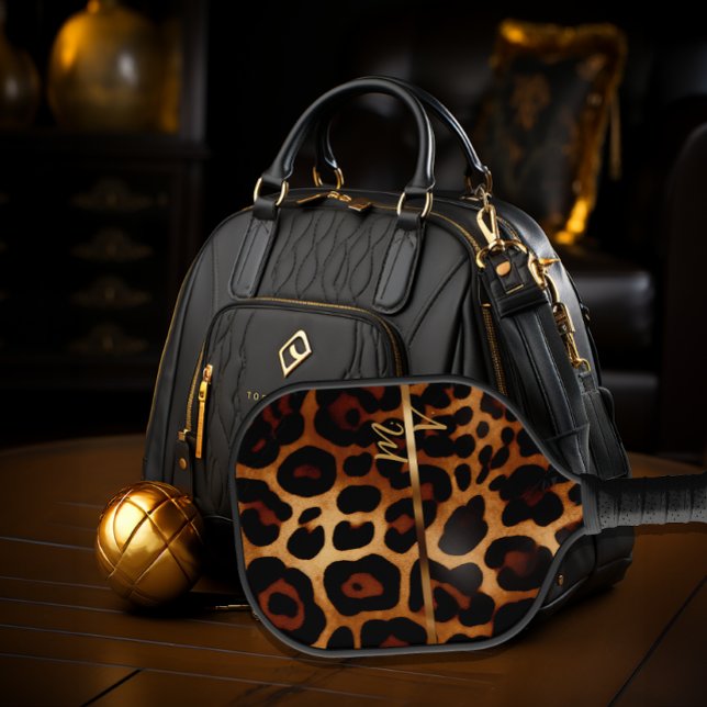 Palas De Pickleball Monogramado de moda Leopard Print y Gold (Stylish Monogrammed Luxe-Brand Pickleball Paddle)