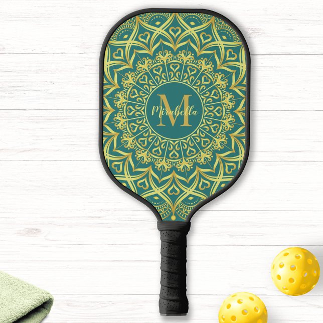 Palas De Pickleball Monogramado Elegante Girly Mandala Verde Verde azu (Subido por el creador)