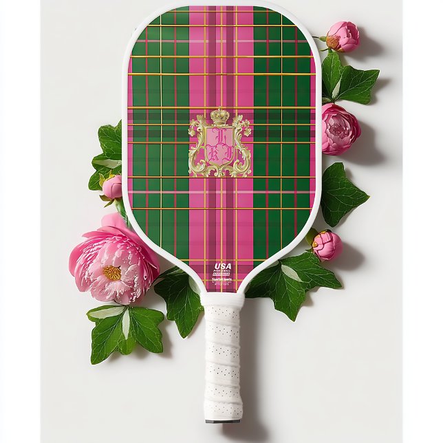 Palas De Pickleball Monogramado rosa y verde perrito (Stylish Preppy Pink and Green Plaid Pickleball Paddle )