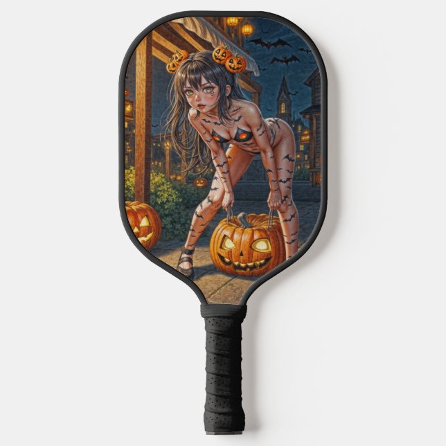 Palas De Pickleball Monstruo de Halloween Jack-o-Lantern y Chica de Ba (Anverso)