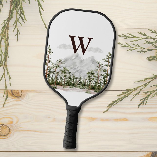 Palas De Pickleball Montaña y bosque de acuarela monogramada (Close up)