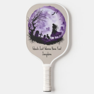 Palas De Pickleball Morado Halloween Bruja Black Cat Graveyard Bats