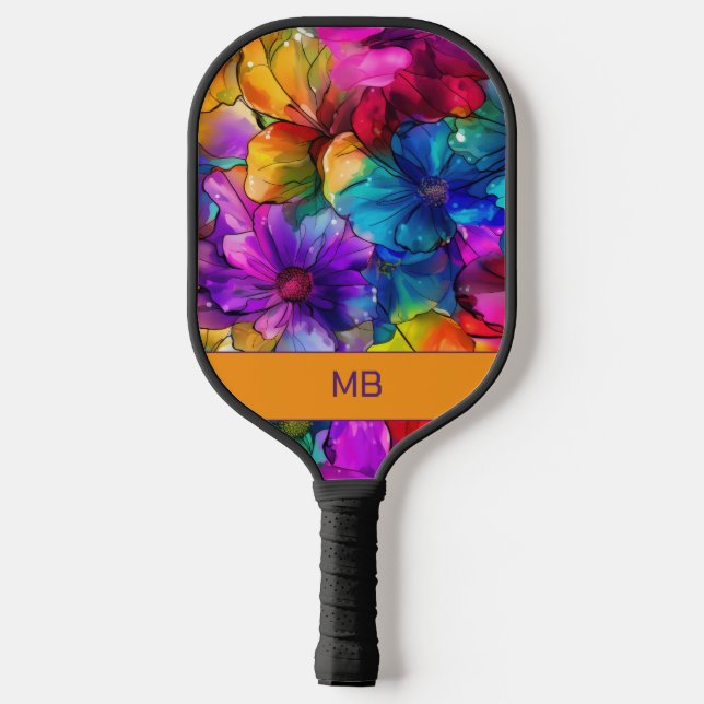 Palas De Pickleball Morado Naranja Azul Alcohol Tinta Floral Monograma (Reverso )
