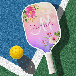 Palas De Pickleball Morado Pink Floral acuarela Monograma Moda moderna