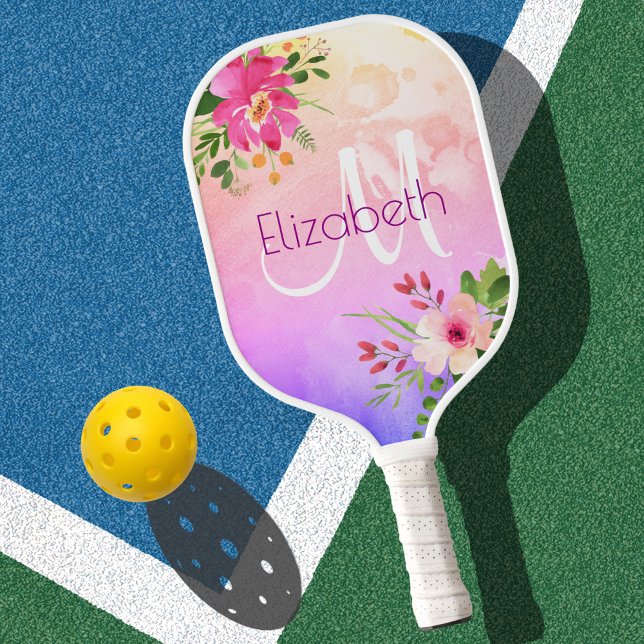 Palas De Pickleball Morado Pink Floral acuarela Monograma Moda moderna (Subido por el creador)