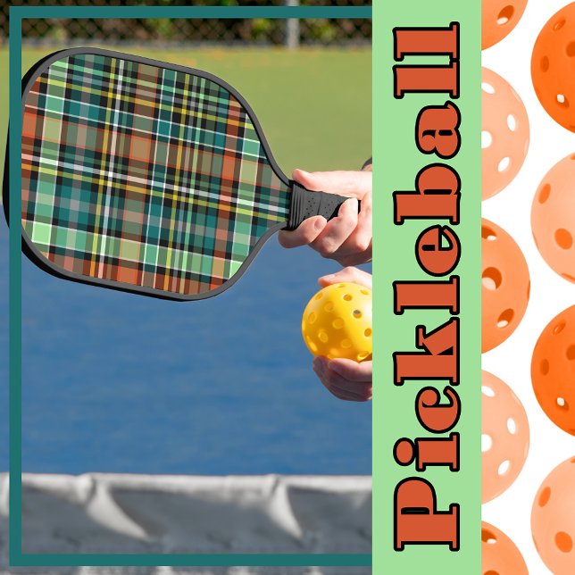 Palas De Pickleball Naranja amarillo gris turquesa trenzado no verde (Plaid Turquoise Gray Yellow Orange MInt Green Pickleball Paddle)