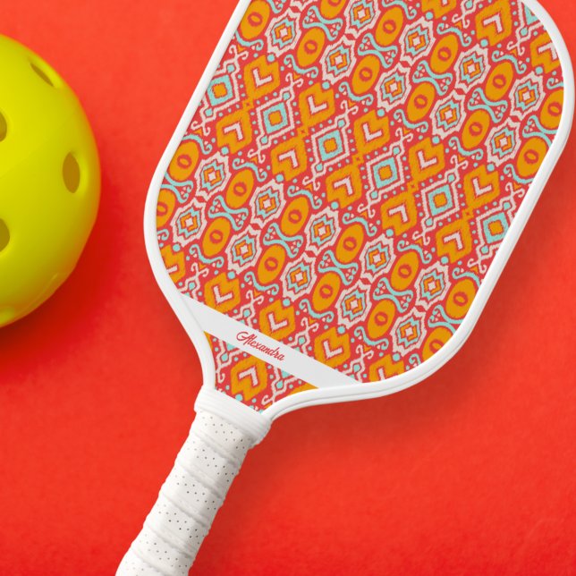 Palas De Pickleball Naranja Blue Boho Ikat Patrón de Ikat Texto person (Subido por el creador)