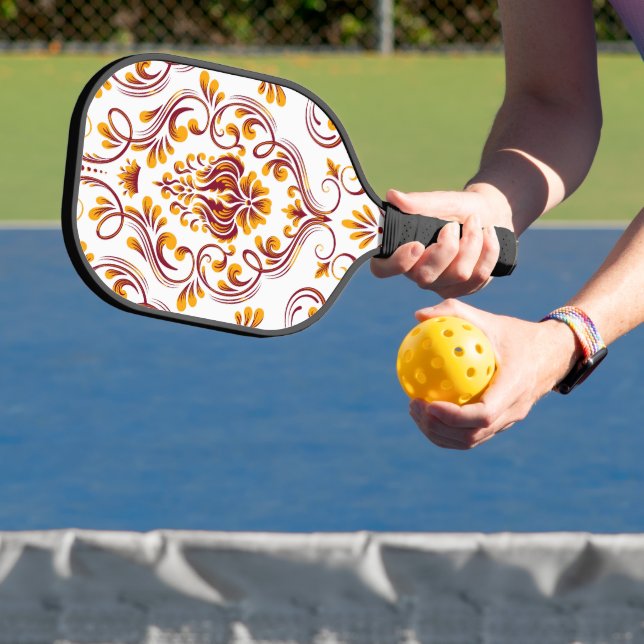 Palas De Pickleball Naranja Burgundy White Damask Floral (in situ)