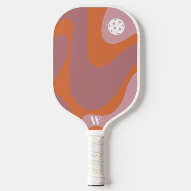 Palas De Pickleball Naranja de ondas retro y monograma morado moderno (Anverso)