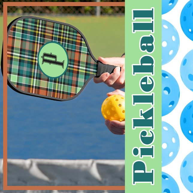 Palas De Pickleball Naranja gris turquesa trenzado MInot Green Persona (Plaid Turquoise Gray Orange MInt Green Personalize Pickleball Paddle)