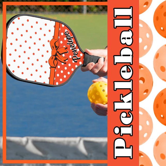 Palas De Pickleball Naranja, puntos de polka blanca, reverso Naranja,  (Orange, White Polka Dots, Orange Bow, Personalized Pickleball Paddle)