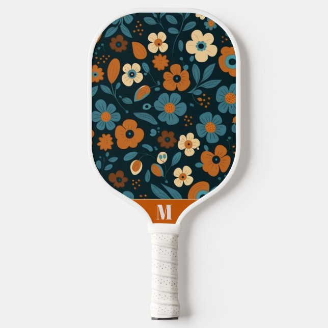 Palas De Pickleball Naranja quemado y Monograma Floral Azul Moderno (Anverso)