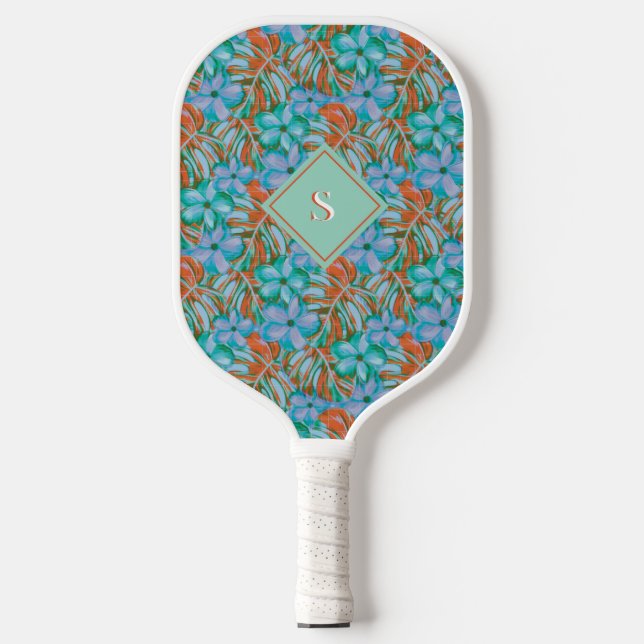 Palas De Pickleball Naranja retro y flores azules (Anverso)