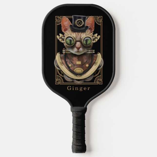 Palas De Pickleball Naranja Steampunk de Guay Tabby Cat con nombre (Anverso)