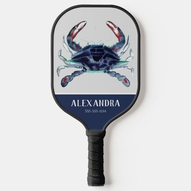 Palas De Pickleball Nautical Crab Naval Blue White Monograma Nombre (Anverso)